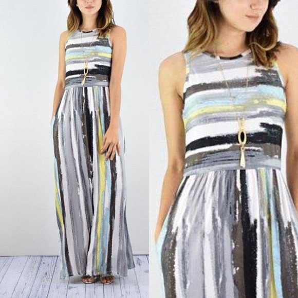 NWOT Gray/Yellow Abstract Stripe Pocket Maxi Dress - Picture 1 of 1